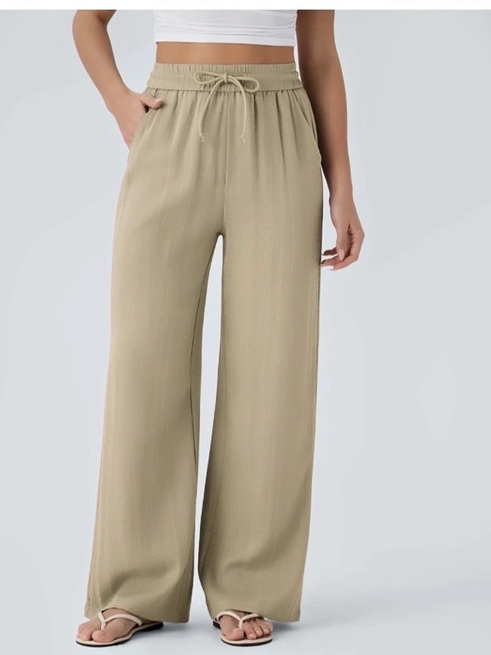Halara High Waisted Drawstring Pocket Wide Leg Baggy Casual Linen-Feel Pants